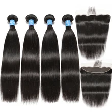 Alisky Hair Brazilian Straight 4 Bundles With 13×4 Lace Frontal Closure Pre Plucked 100% Human Hair Weave Extensions Weaves Remy