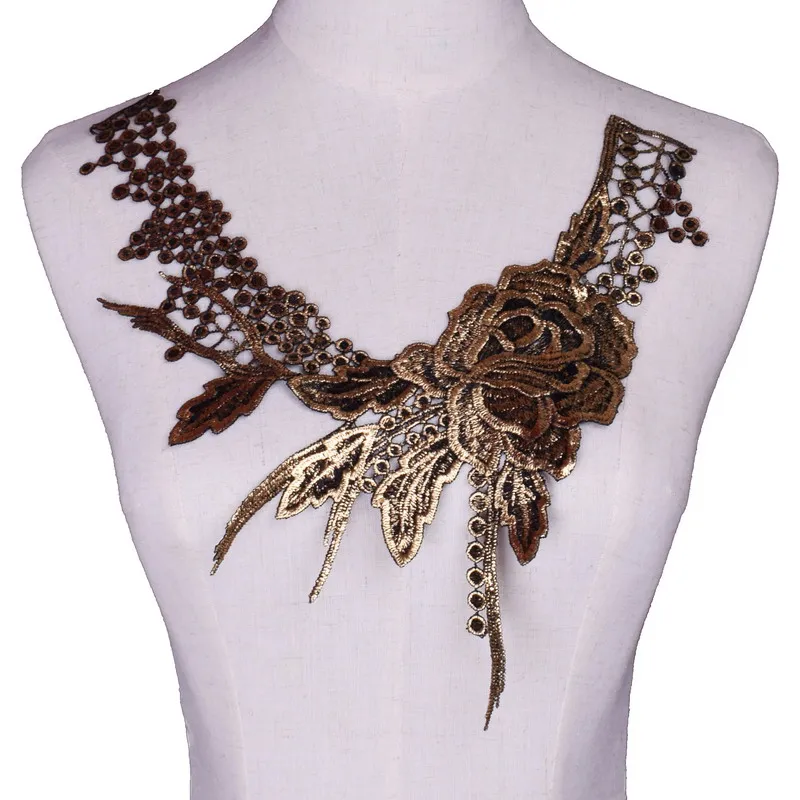 Gold Embroidery Collar Venise Floral Embroidered Applique Lace Neckline