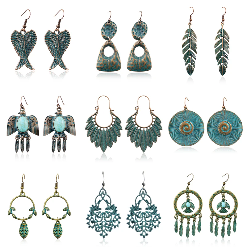 

Irregular Bronze Leaves Bird Owl Round Spiral Pendant Earrings Retro Totem Natural Stone Arrow Tassel Earrings Bohemian Jewelry