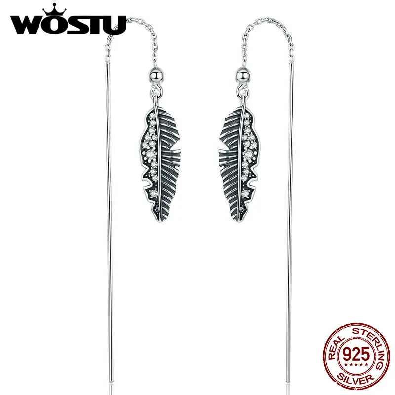 

WOSTU 100% 925 Sterling Silver Vintage Punk Feather Palm Leaves Long Drop Earrings for Women Pure Silver Jewelry Gift CQE281