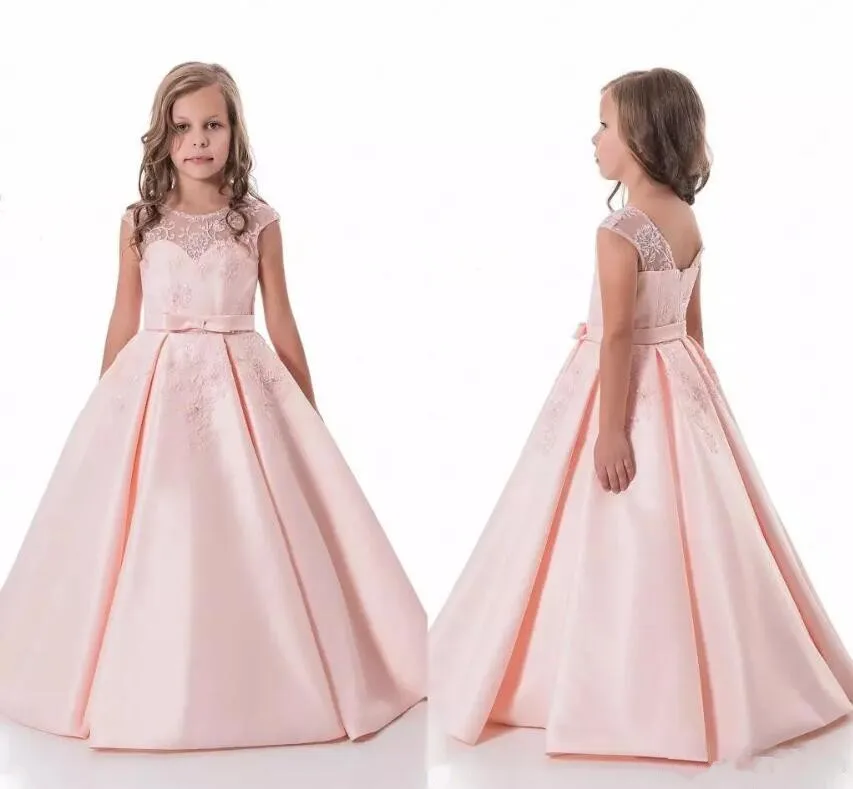 

Pink Lace Long Flower Girl Dresses Tulle Puffy Ball Gowns Kids Pageant First Communion Gown For Girls 2018 Custom Made
