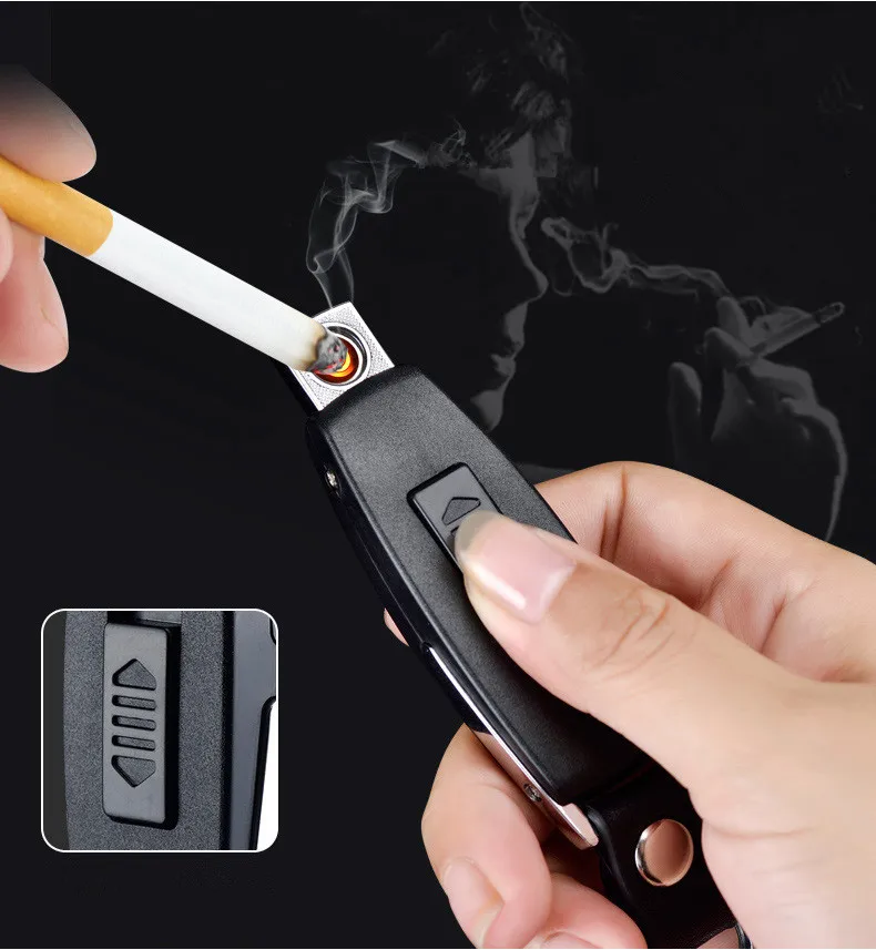 

New USB Lighter Rechargeable Electronic Lighter Keychain Cigarette Turbo Lighter Leather Key Chain Flameless Cigar Palsma