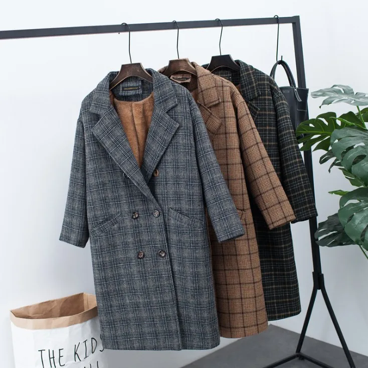 

Plaid woolen coat for women plus velvet female long section Slim new autumn and winter woolen womens long plaid coat
