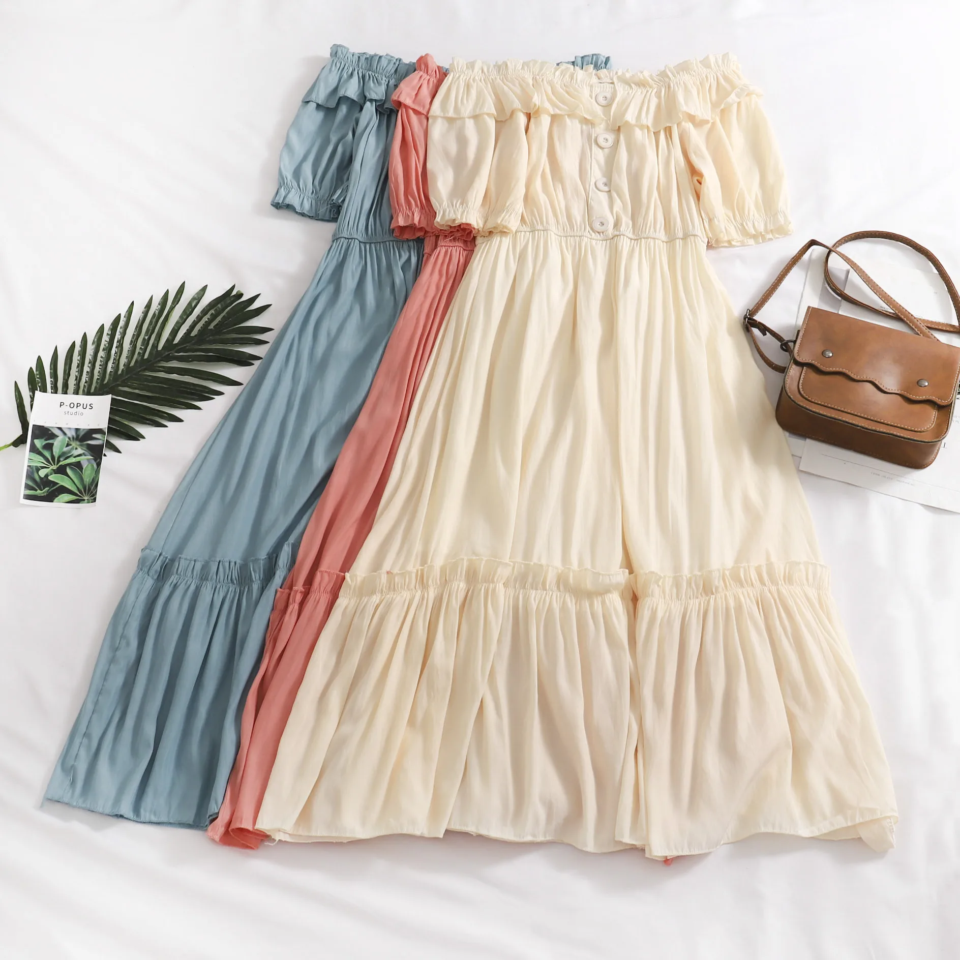 

2019 Women Summer Slash Neck Puff Lantern Sleeve Layer A-line Ruffles Button Dress Vintage Elastic Slim Waist Pleated Midi Dress
