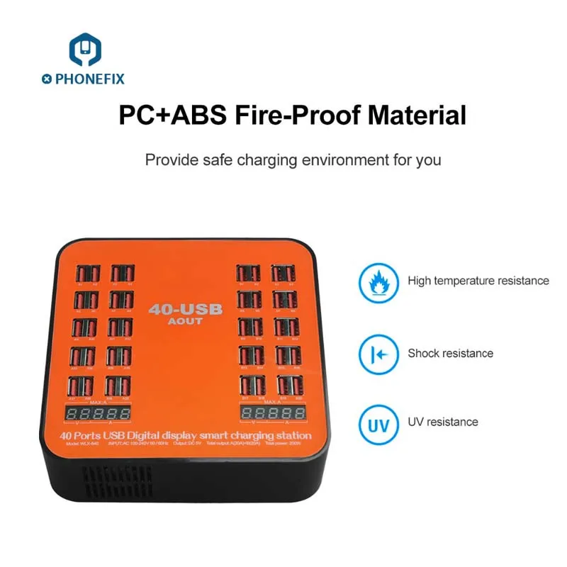 

PHONEFIX 200W 40A 40 Ports USB Charging Station With Dual Digital Display For iPhone iPad Samsung Mobile Phone Charging