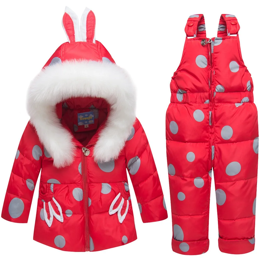 Зимние теплые куртки-пуховики для маленьких девочек лыжный костюм для маленьких девочек комплекты одежды для девочек пуховая верхняя одежда, пальто+ брюки на подтяжках