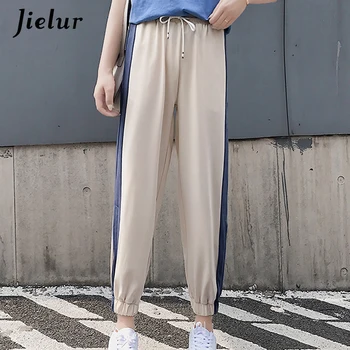 

Jielur Summer Pants Women Korean Fashion Hit Color Patchwork Casual Sports Pants Female Simple Holes Thin Ice Silk Joggers M-2XL