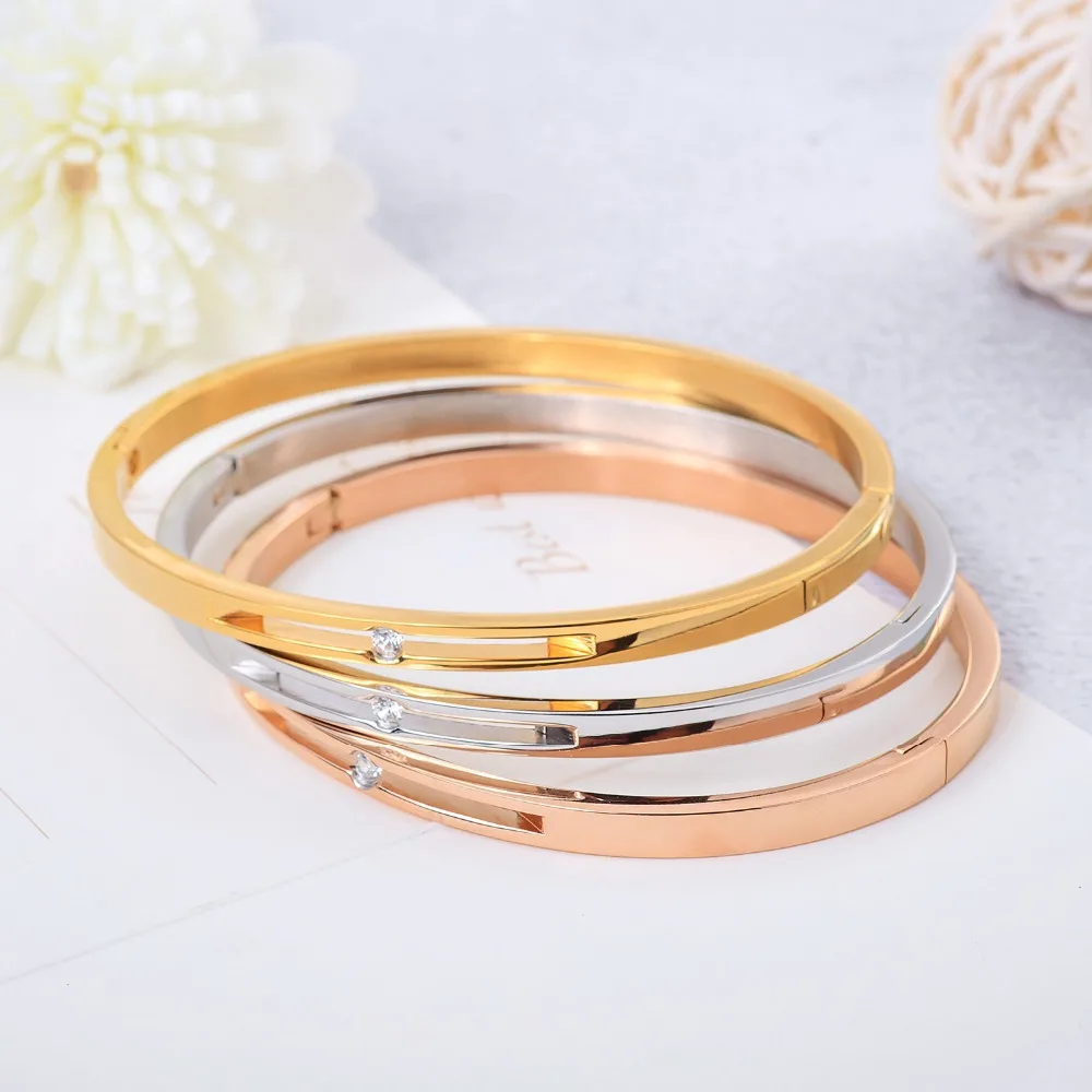 

New Fashion Rose Gold/Golden/White Women's Bangles Stainless Steel Inlay Zircon Bracelets Trend Hand Jewelry Gift SZ013