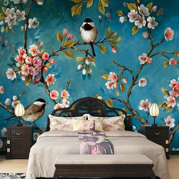 

Custom Wall Cloth European Style Flowers Birds Oil Painting Wallpaper Living Room Bedroom Background Wall Covering 3D Home Decor