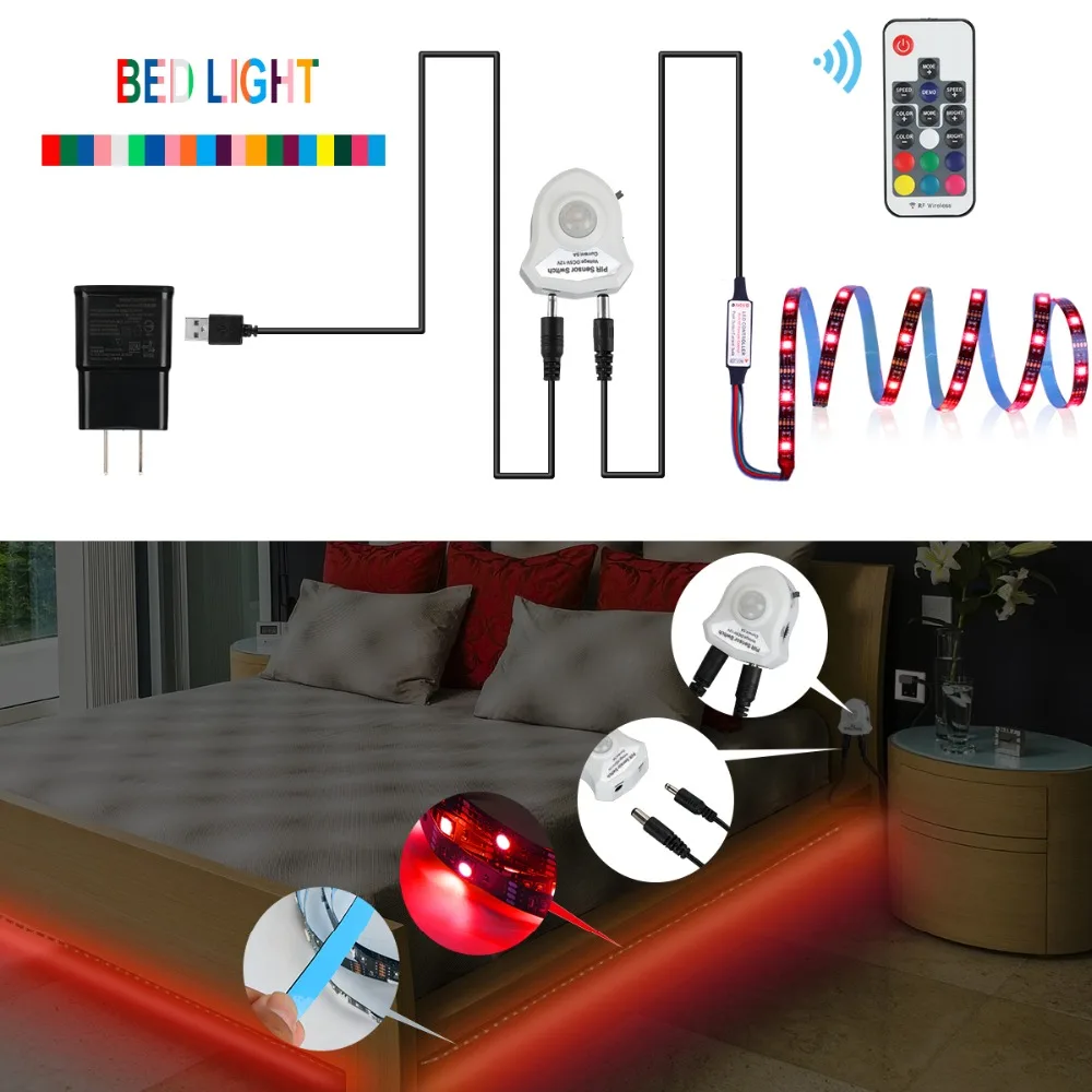 Движение активированный светодиодный кровать светильник комплект RGB PIR датчиком