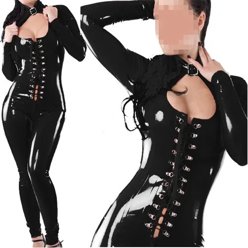 Женский комбинезон черный длинный рукав с вырезами короткий стиль спереди на шнуровке кожаный Облегающий комбинезон M7251