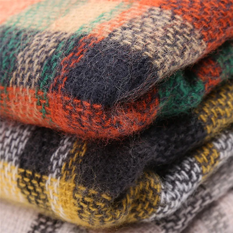  Women Winter Warm Color Stitching Long Wool Shawl Plaid Soft Neck Scarf women's scarves handkerchie