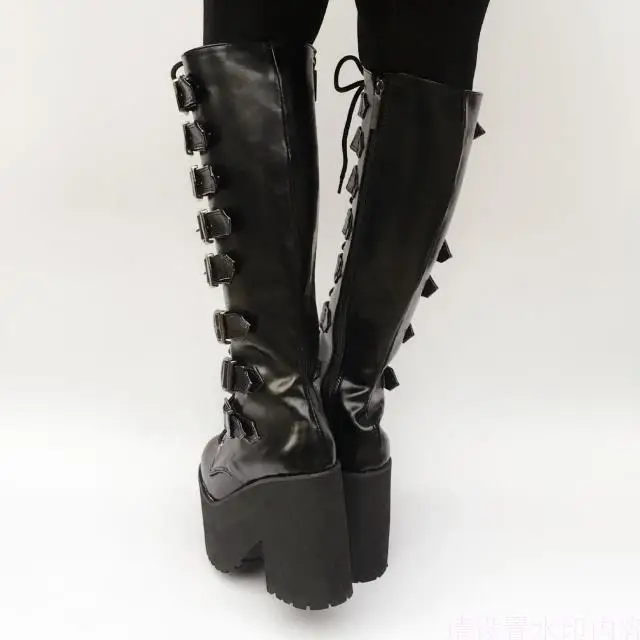 Japanese Harajuku High Platform Chunky Heel Cosplay Knee-High Boots Women Black Leather Belt Buckle Gothic Punk High Boots Zip