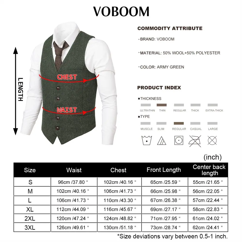 VOBOOM Green Wool Tweed Suit Vest Mens Waistcoat Single-breasted Herringbone Casual Fitted Suit Vests 007
