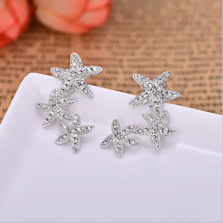 

2018 summer beach design silver color pave cz sear star 3 pcs sea star charm fashion cubic zirconia copper earring nice