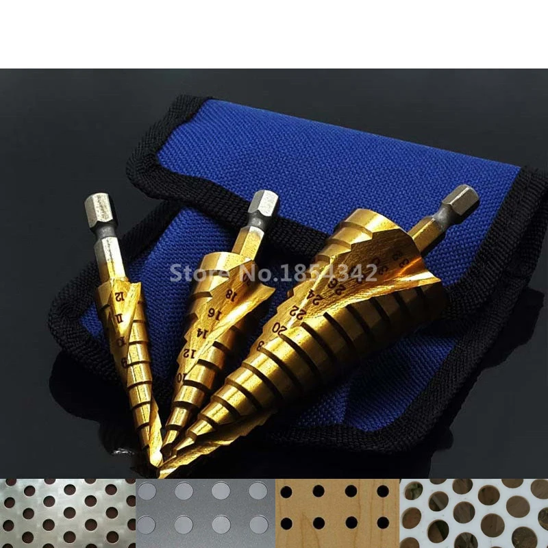 

HSS Titanium Step Drill Bit Spiral Grooved Hex Shank Metal Hole Cutter Wood Cone Core Drilling Hole Saw Tools Set+Center Punch