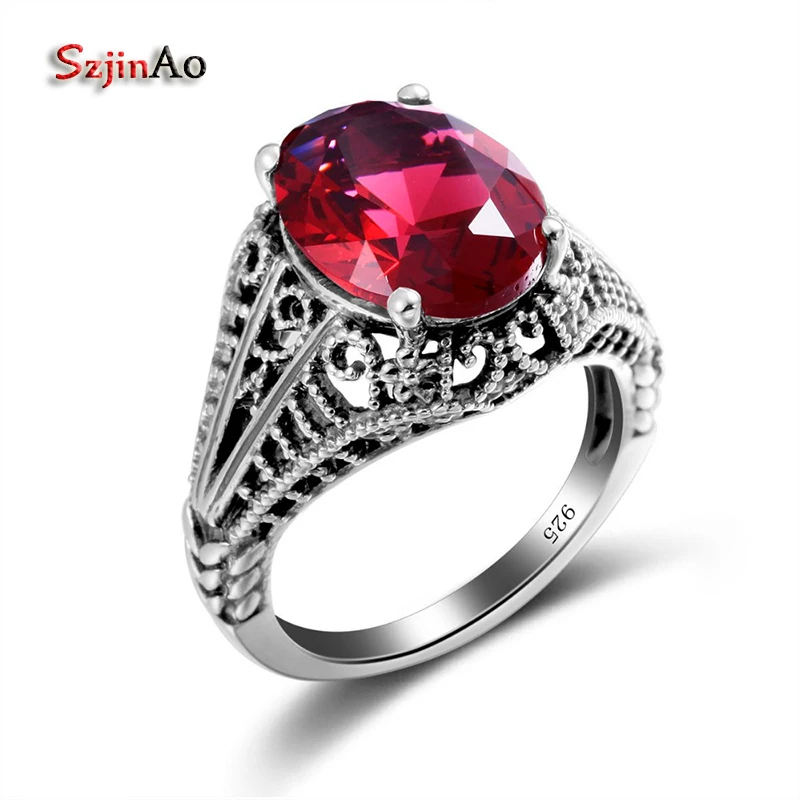 

Szjinao Wholesale Retro Look Red Ruby Jewelry Punk Style Charms Authentic 925 Sterling Silver Rings for Women Size 5-10