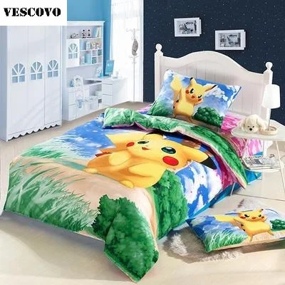 

100% cotton Cartoon anime Pikachu Pokemon 3pcs/4pcs twin Full Queen bedding set bedspread