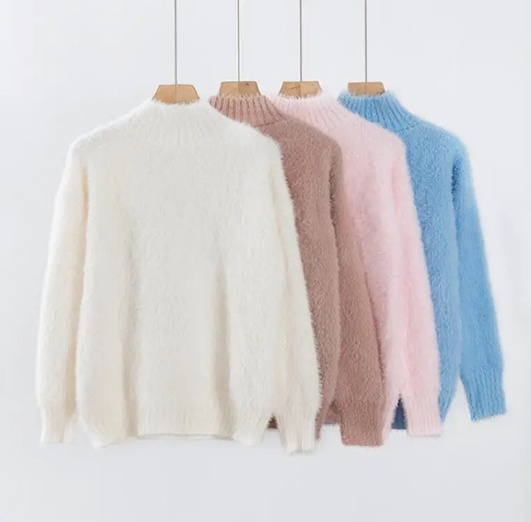 Женский вязаный свитер из мохера, свободный свитер с высоким воротом, удобные трикотажные пуловеры из мохера