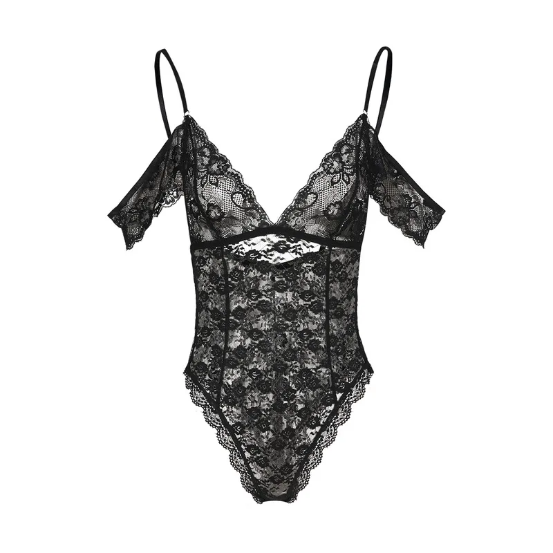 Black Lace Print Sheer Sexy Bodysuit Women Backless Skinny Romper Lady