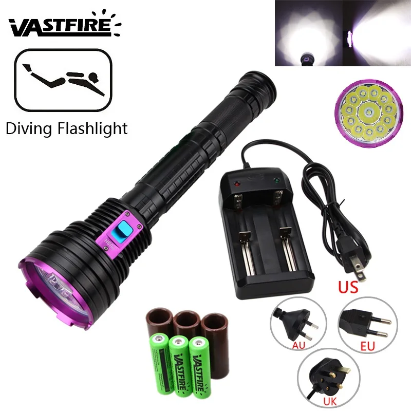 

Dive 30000LM 12*XML T6 LED Waterproof 100m Diving Scuba Flashlight Torch PCB with 18650 Battery +Charger