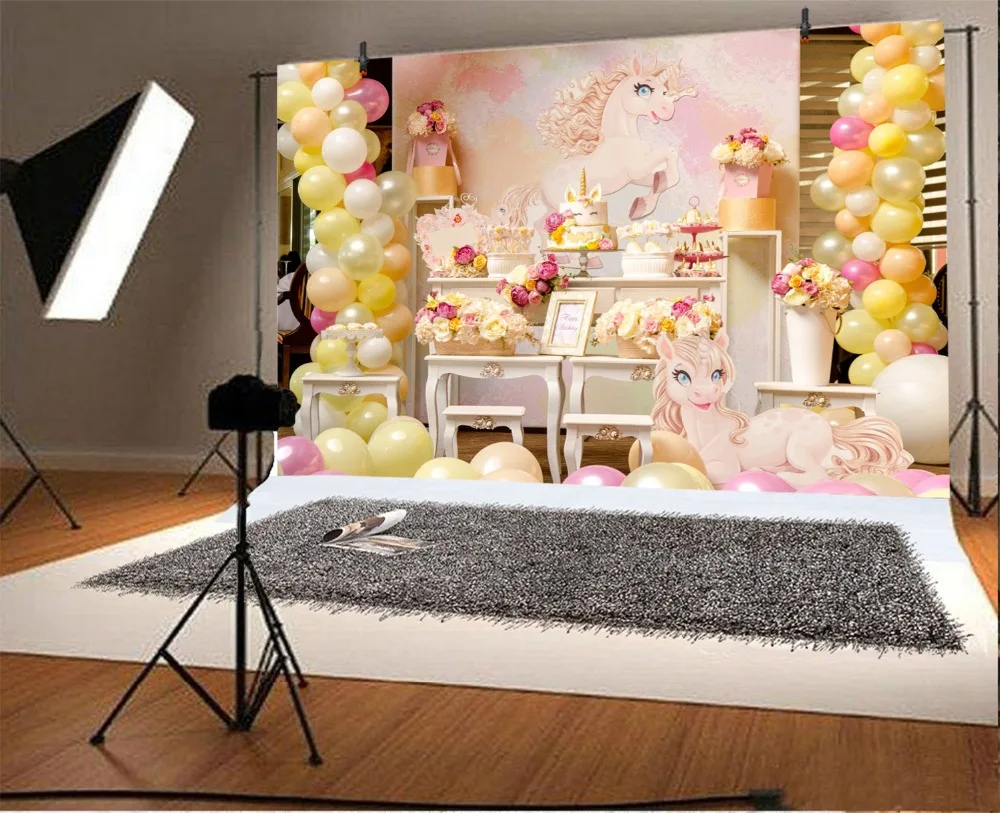 Laeacco Colorful Balloons Flowers Unicorn Cake Baby Photography Backgrounds Customized Photographic Backdrops For Photo Studio