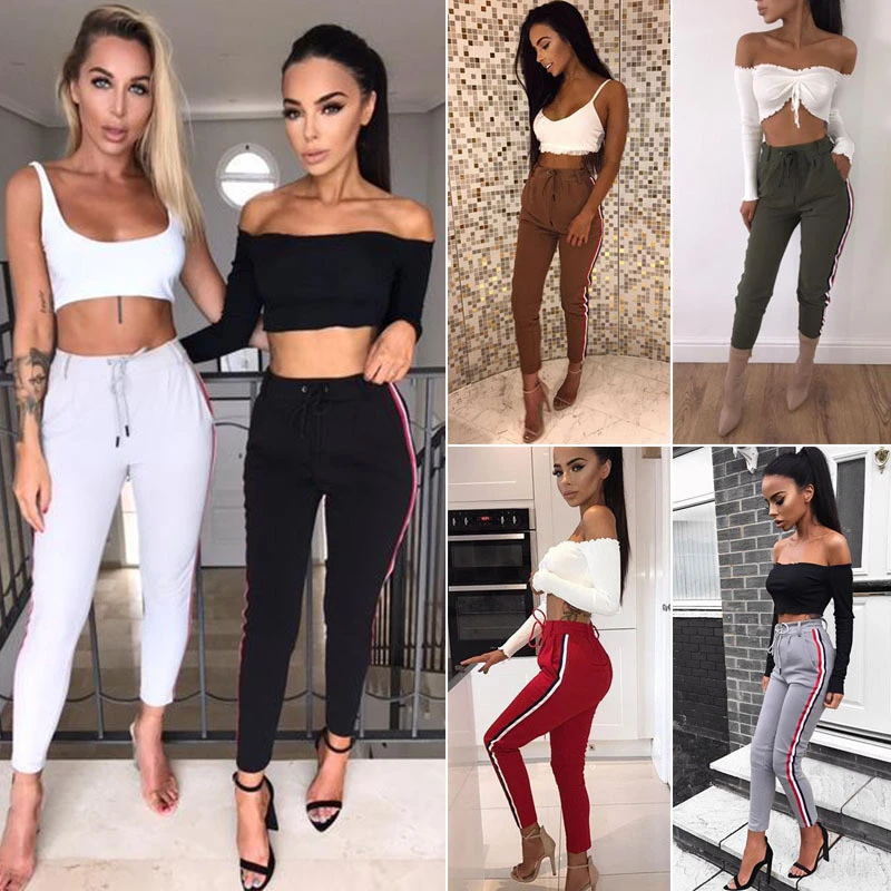 Shein Pantalones informales de puntos para mujer, holgado, encaje en la cadera, para Otoño e y pantalones capri| - AliExpress