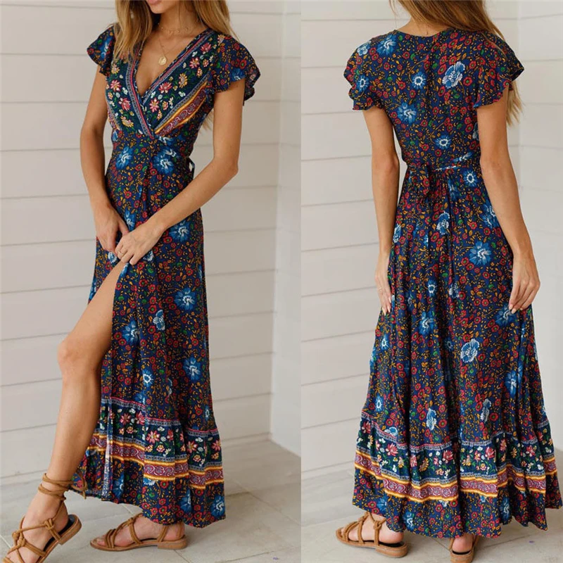 Женское платье с цветочным принтом Boho длинное Праздничное Платье макси v