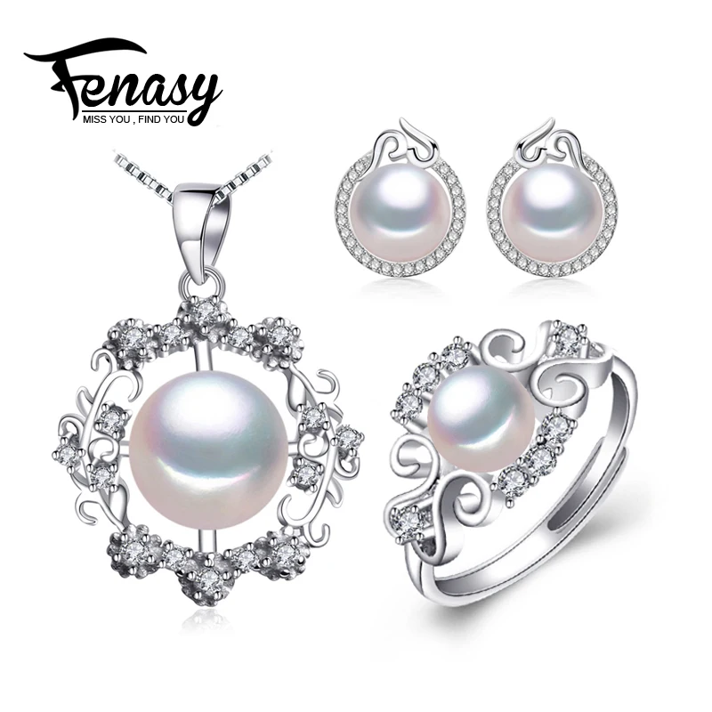

FENASY 925 Sterling Silver earrings with stones natural Pearl jewelry sets for women engagement wedding set ethnic earrings ring