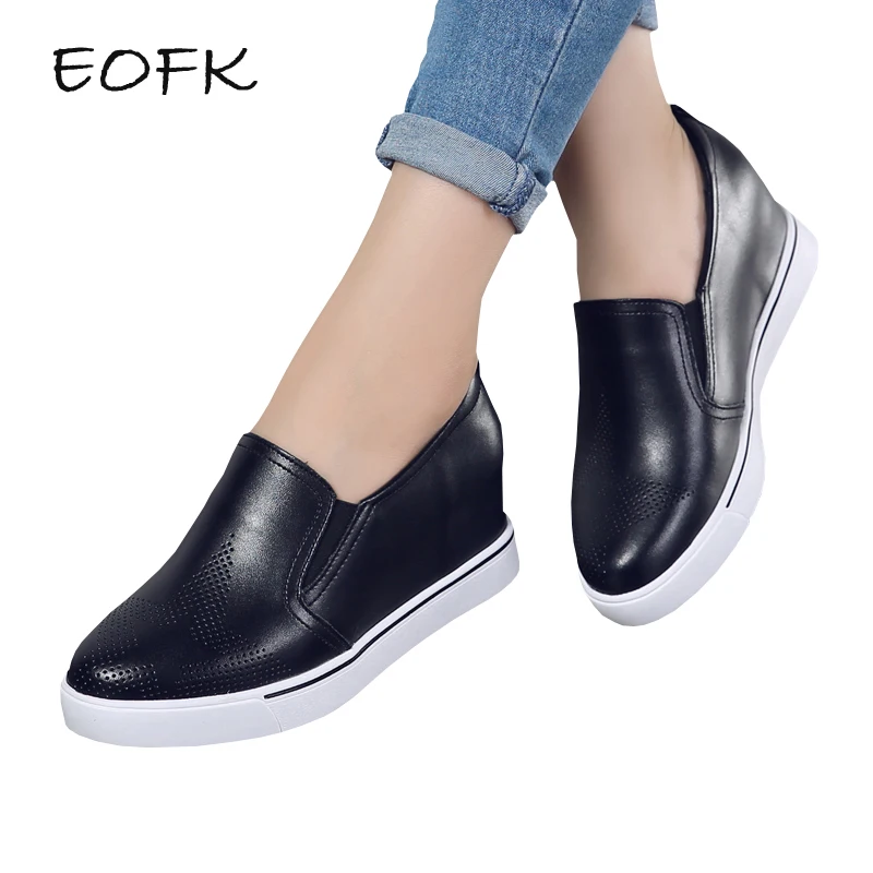 

EOFK Women Pumps Shoes Woman Height Increasing Wedges Loafers Autumn Handmade Leisure Slip On Black Women's Casual Footwear