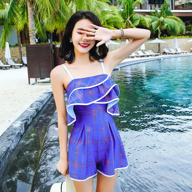 Sexy Blue double flounce Pleated skirt one piece swimsuit 2018 new