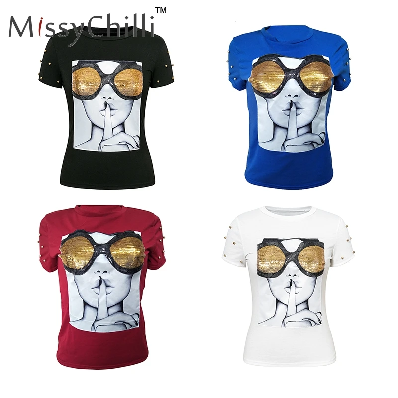 MissyChilli/футболка с коротким рукавом и графическим рисунком лица, с блестками, женская черная Повседневная забавная футболка, женские милые летние футболки размера плюс