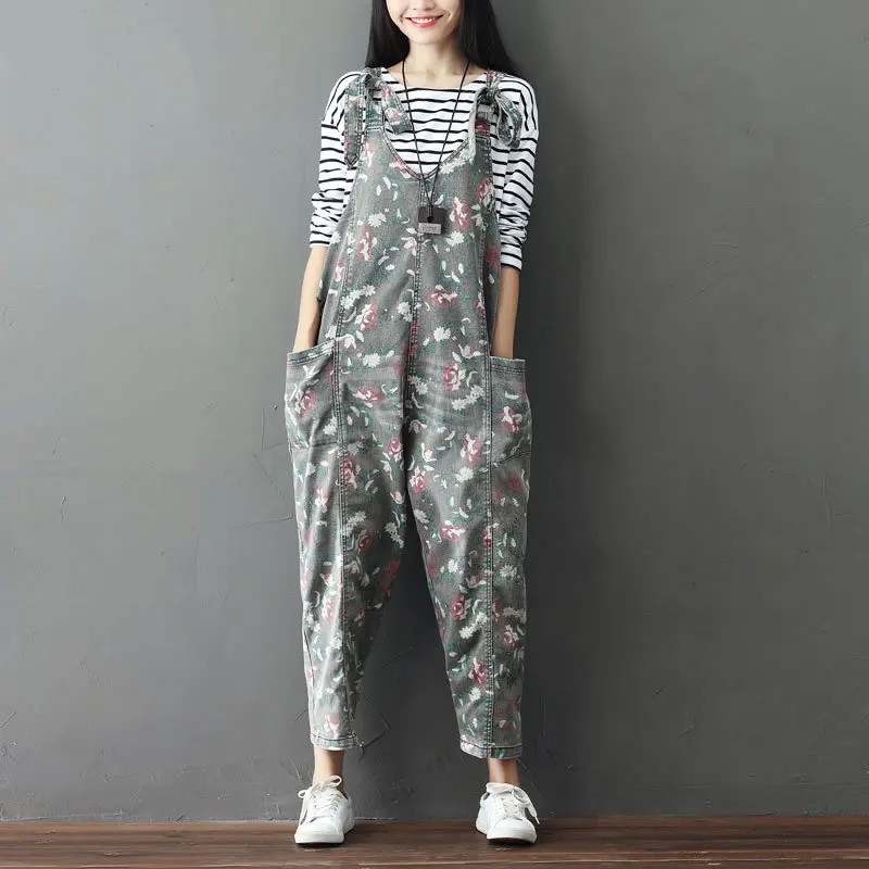 

Women Autumn Vintage Denim Printed Jumpsuits Overalls Ladies Loose Casual Denim Print Rompers Female Casual Pants