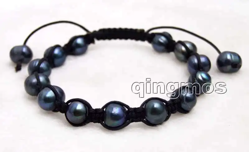 

Qingmos 9-10mm Black Round Natural Pearl Bracelet for Women with China Silk Handwork Weave Adjustable 7-10" Bracelet Jewelry 377