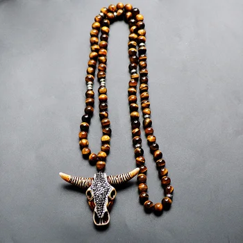 

Vintage Tribal Jewelry Tiger Stone Animal Necklace Vintage Boho Resin Crystal Bullfighting Tibetan Antelope Pendant Necklace