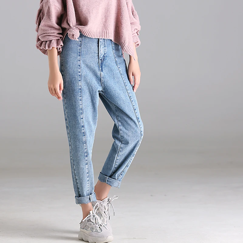 N0085 Washed seaming middle seam high waist pumping rope cotton jeans pantsin Jeans from Women