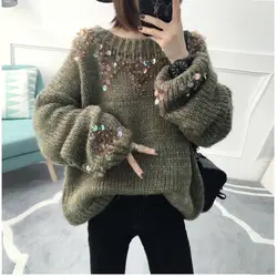 2018 зима корейский для женщин свободный пуловер вязаный теплый свитеры для женские повседневное пушистый блесток большой свите