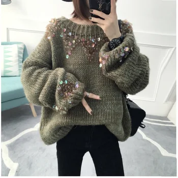 

2018 Winter Korean Women Loose Pullover Knitted Warm Sweaters Female Casual Fluffy Sequin Big Sweater Oversized Jumper Tops