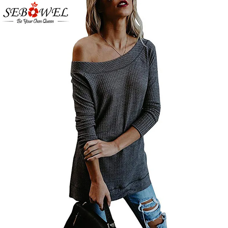 

SEBOWEL Female's Knitwear Long-sleeved Sweater One Shoulder Pullover Spring Autumn Plus Size Sexy Split Sweaters Women Top Shirt
