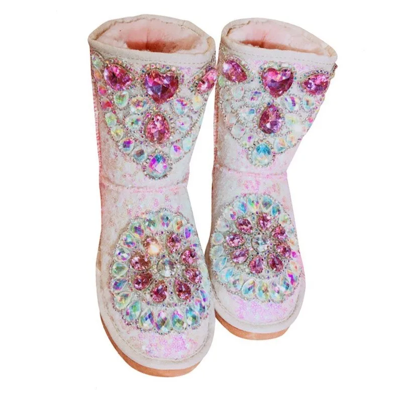 Теплые женские зимние ботинки на меху с блестками; ботинки до середины икры на плоской подошве, украшенные стразами; нескользящая уличная плюшевая зимняя обувь