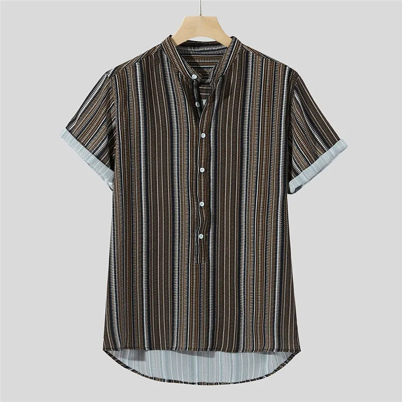 Hip Hop T Shirt Mens Harajuku Summer Fashion Striped Buttons Fly Breathable Short Sleeve Casual Henley Tshirt Dropship L#22 | Мужская