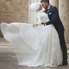 Vestido De Noiva 2017 Muslim Wedding Dress Long Sleeve Appliques Button Ball Gown Turkish Islamic Hijab Wedding Bridal Gowns