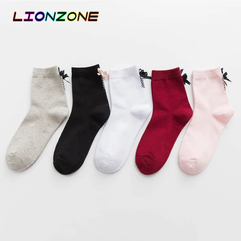 

LIONZONE 5Pairs/Lot Japanese Sweet Heel Strap Bow Socks Lovely Solid Color Pile Of Socks Hosiery Chaussette Haute meias