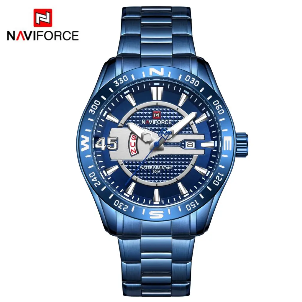 NAVIFORCE Роскошные Брендовые мужские синие часы из нержавеющей стали кварцевые