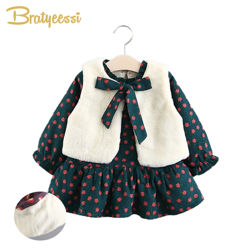 2PCS Baby Dress Winter Plush Lining Floral Baby Girl Winter Clothes Dresses Bow Cotton Long