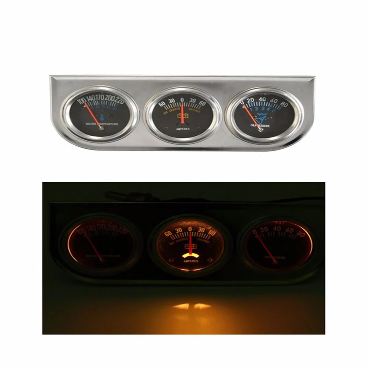 

12V 52mm Mechanical Auto Trio Gauge Set Water Temp+Amperes+Oil Pressure Gauge Chrome With Panel