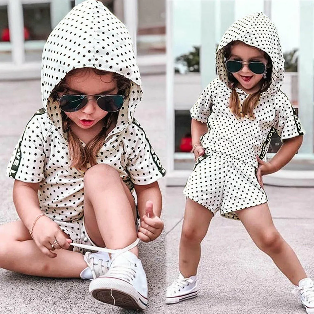 

Kids Toddler Baby Girls Short Sleeve White Letter Dot Hooded Tops+Shorts motion Outfits 2Piece Sets Child Clothes 1-4 Years