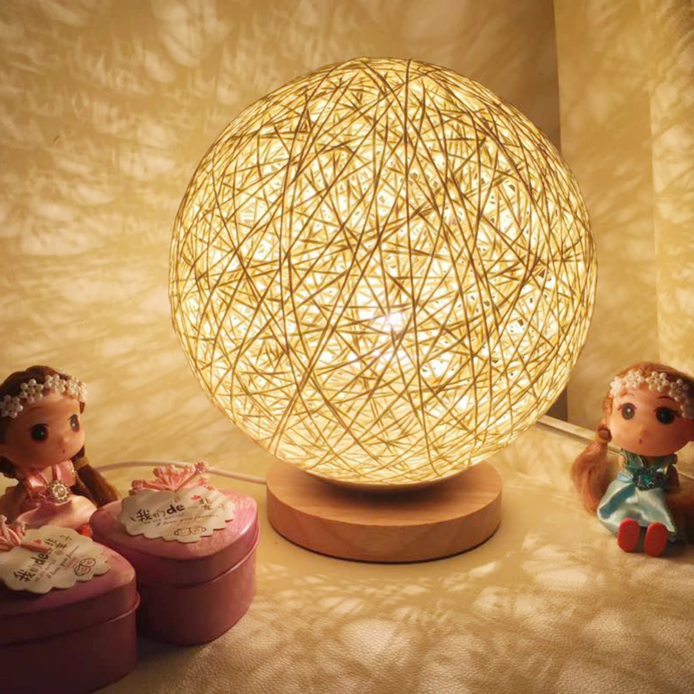 Itimo Творческий US plug свет в ночь с E27 лампа для Спальня украшения дерева ротанга мяч Дизайн настольные лампы