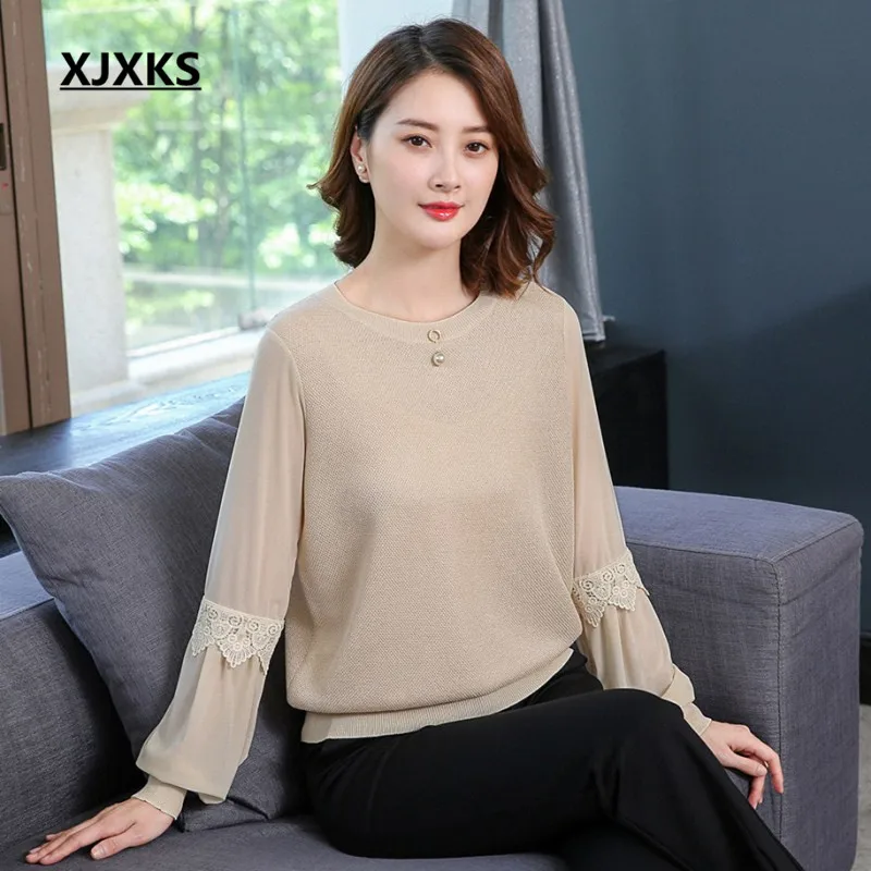 

XJXKS casual wool and linen knitting 2018 new sale women sweaters and pullovers lace pearl beading women's jumper