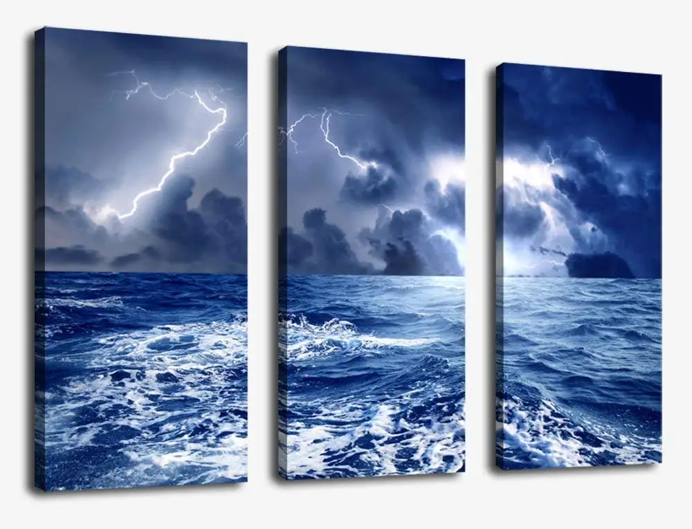 

Wall Art Canvas Prints Sea Wave Print on Canvas - Dark Blue Seascape Canvas Art Storm Lightning Ocean Art Painting Pictures Art